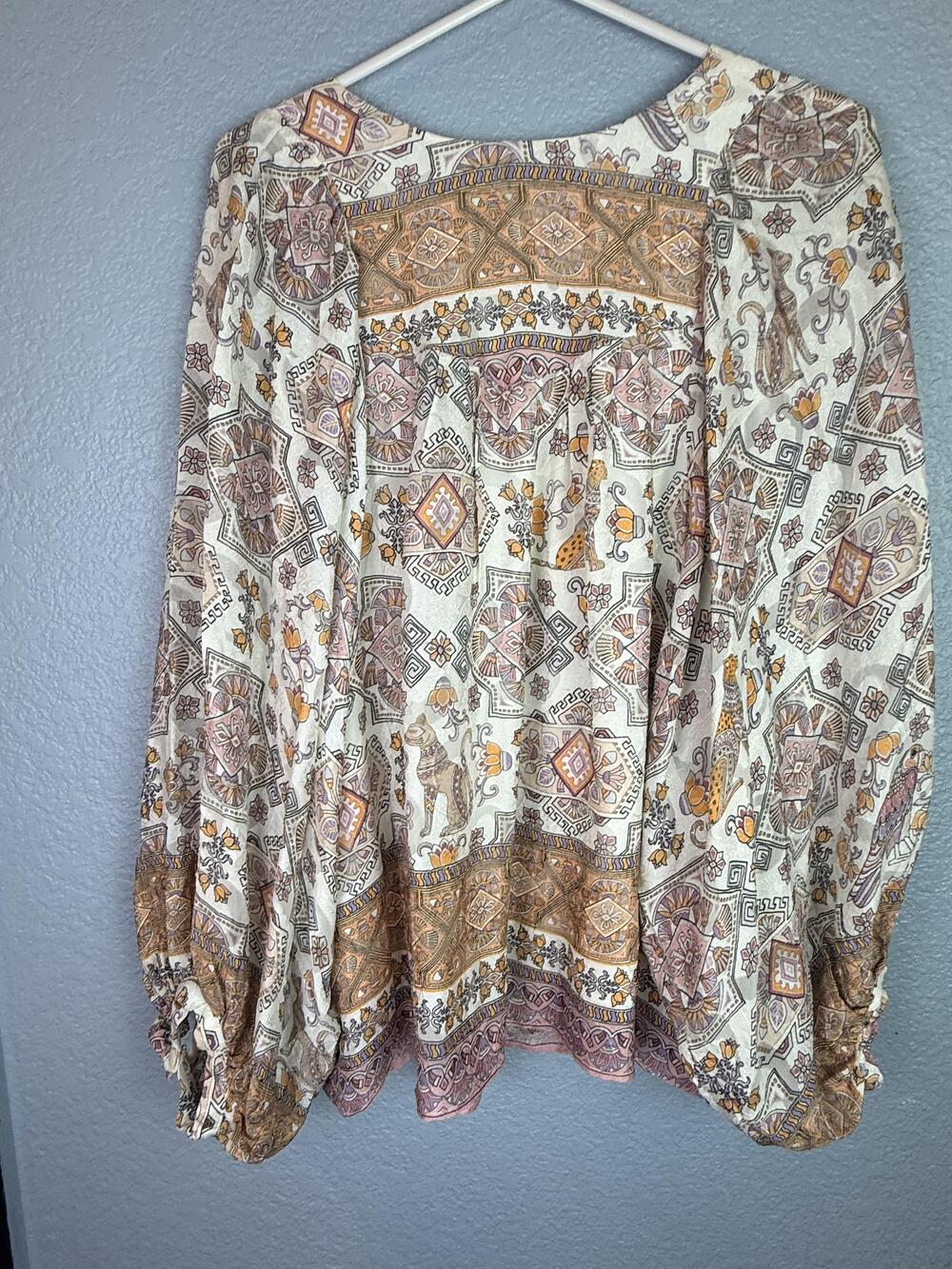 Anthropologie Blouse Womens Large Multicolor Silk Balloon Sleeve Boho Tunic Top
